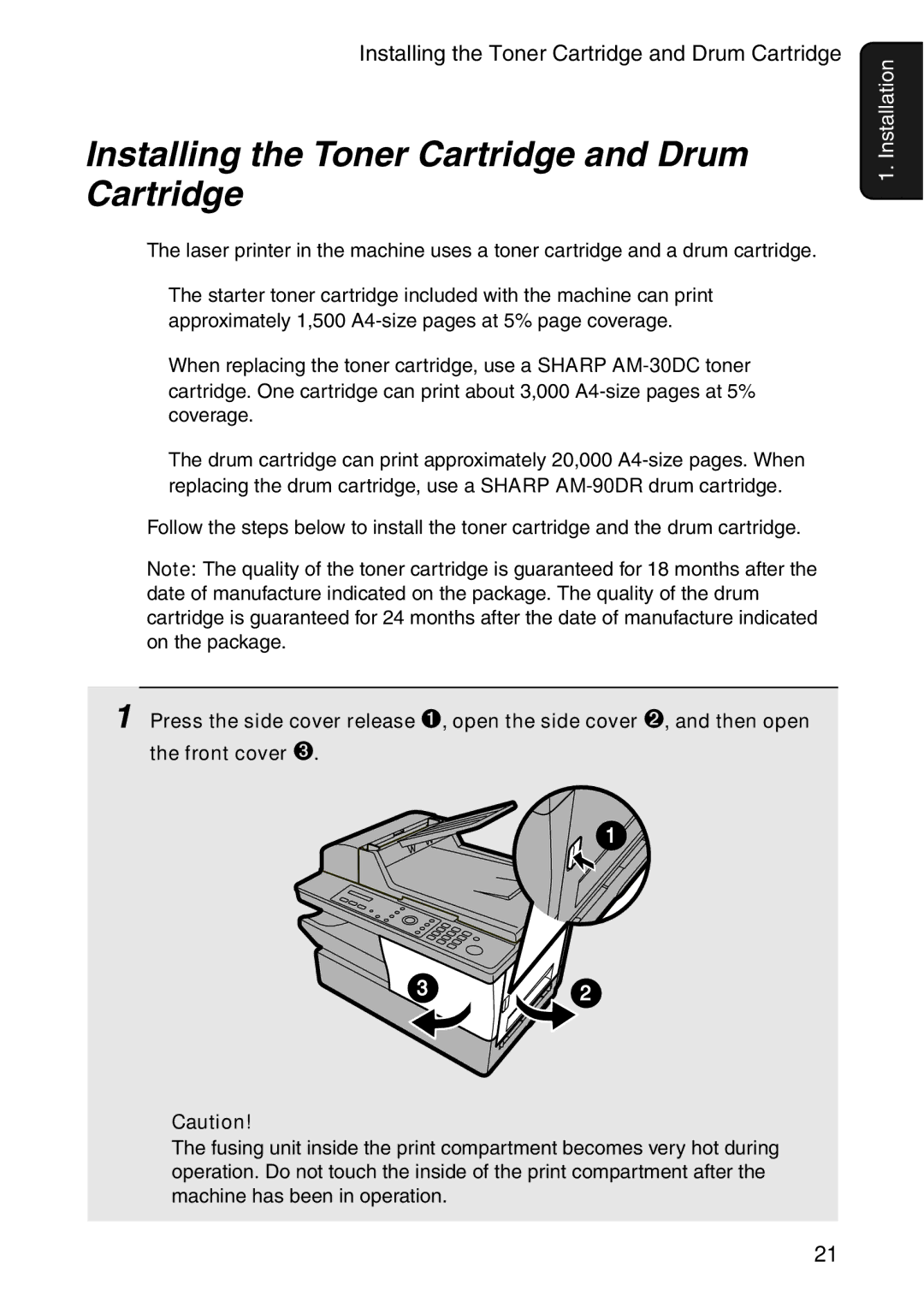 Sharp AM-300 manual Installing the Toner Cartridge and Drum Cartridge 