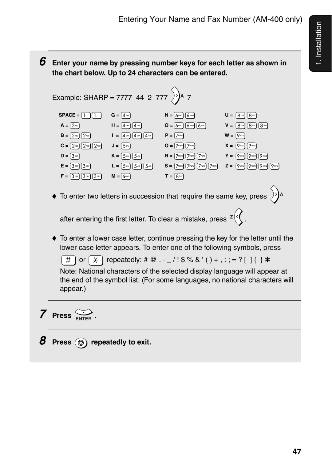 Sharp AM-300 manual After entering the first letter. To clear a mistake, press Z, Press Enter Press repeatedly to exit 