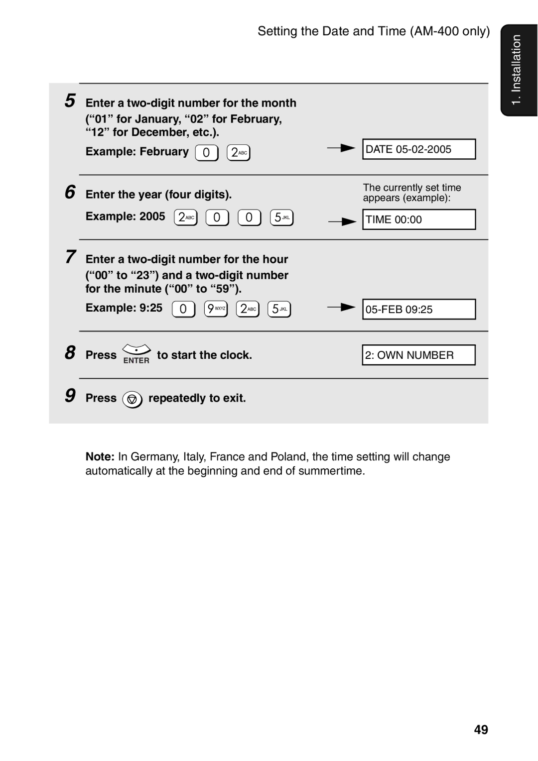 Sharp AM-300 manual Enter the year four digits, Example, Press Enter to start the clock 