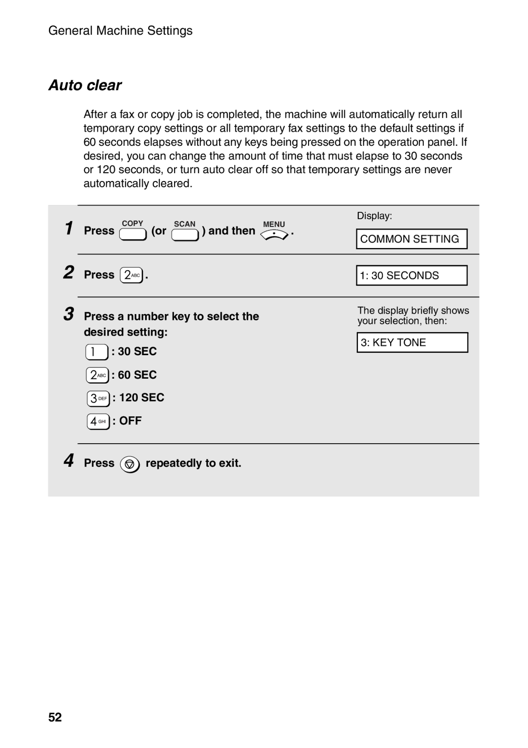 Sharp AM-300 manual Auto clear, Press Scan and then Menu 