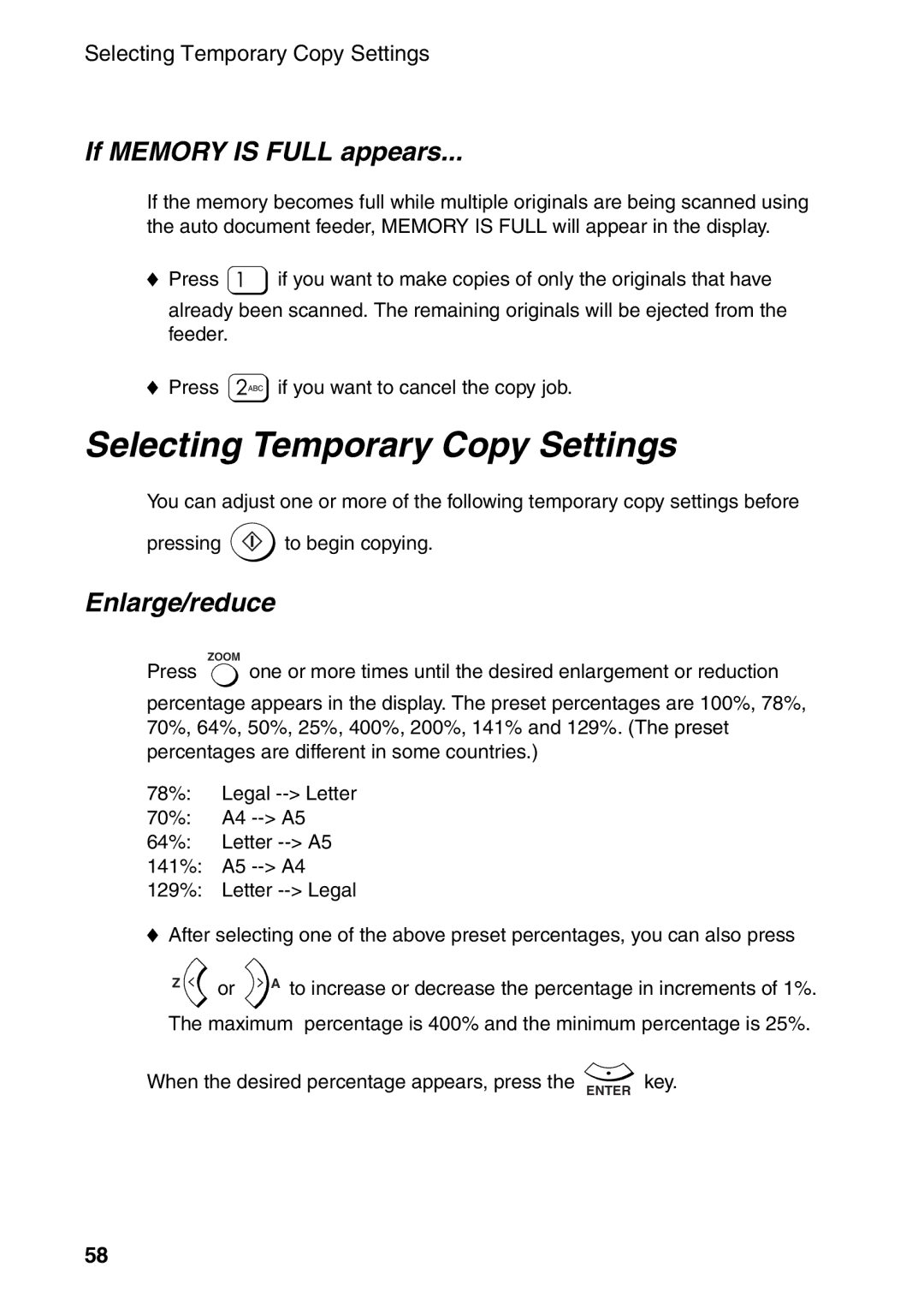 Sharp AM-300 manual Selecting Temporary Copy Settings, If Memory is Full appears, Enlarge/reduce 