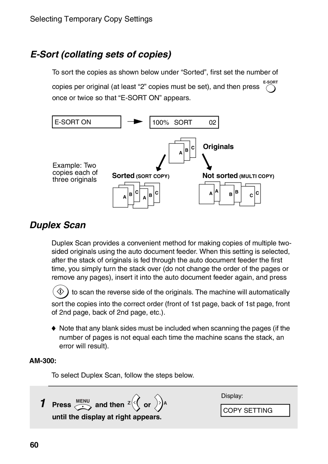 Sharp AM-300 manual Sort collating sets of copies, Duplex Scan, Originals 