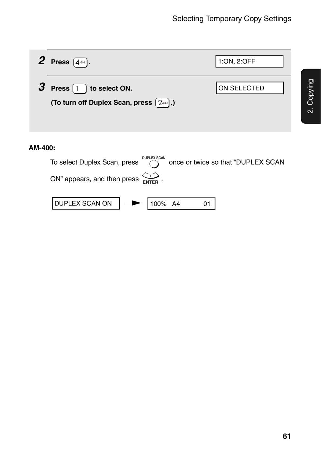 Sharp AM-300 manual Press To select on, To turn off Duplex Scan, press AM-400 