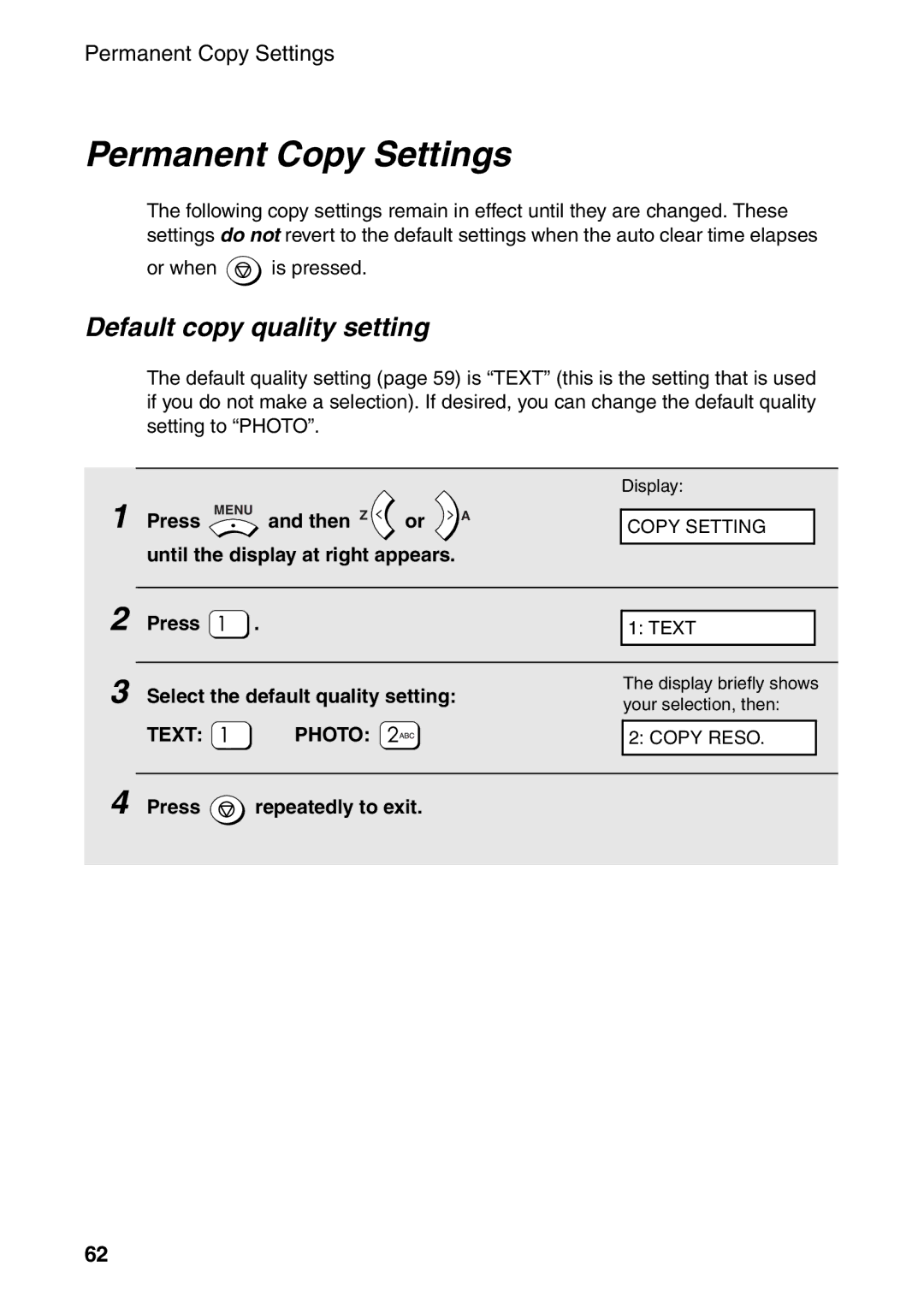 Sharp AM-300 Permanent Copy Settings, Default copy quality setting, Press Menu Then Z, Select the default quality setting 