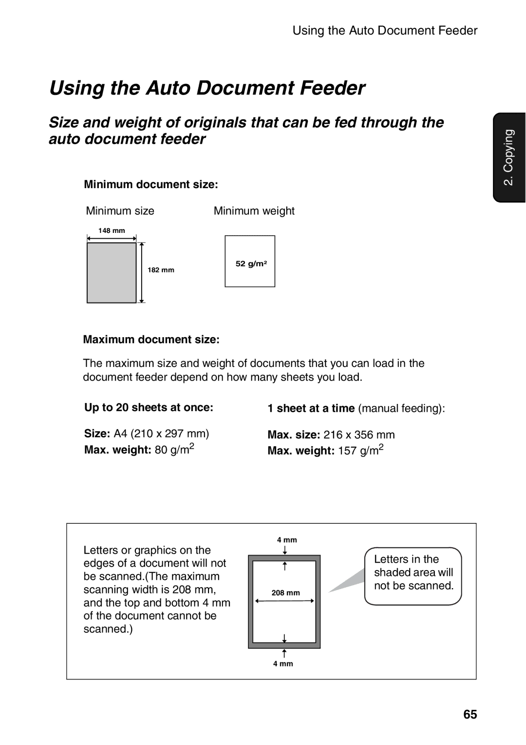 Sharp AM-300 manual Using the Auto Document Feeder, Minimum document size Minimum size, Maximum document size 