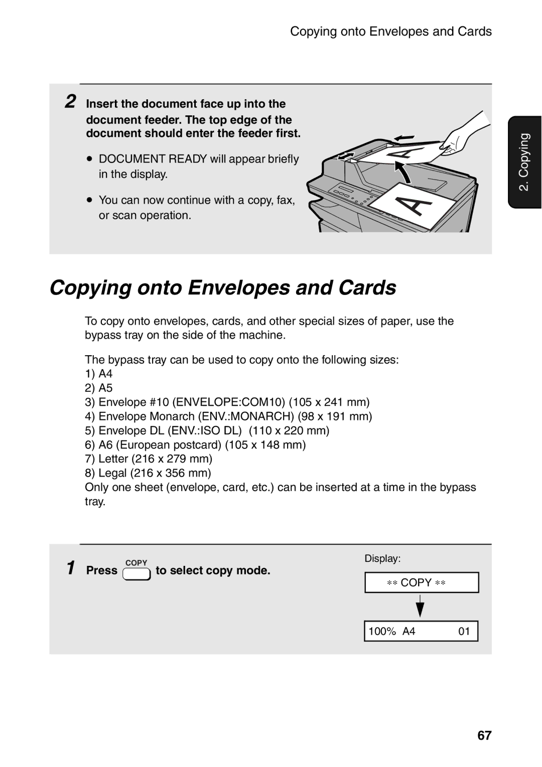 Sharp AM-300 manual Copying onto Envelopes and Cards 