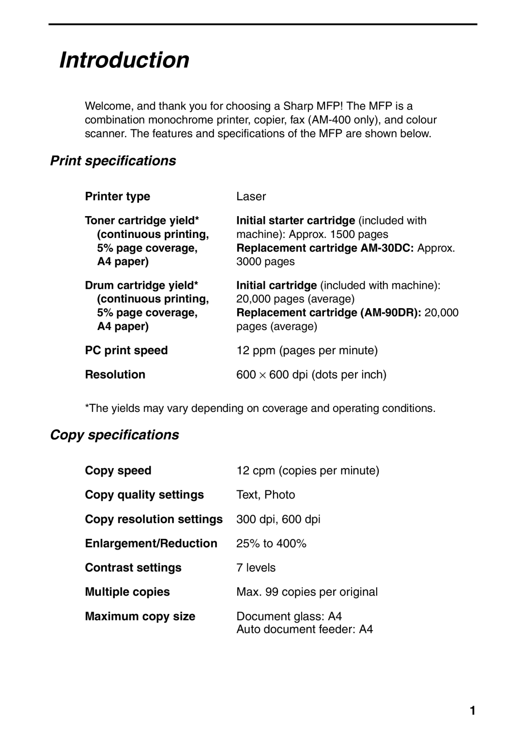 Sharp AM-300 Introduction, Printer type Laser, Copy speed, Maximum copy size Document glass A4 Auto document feeder A4 