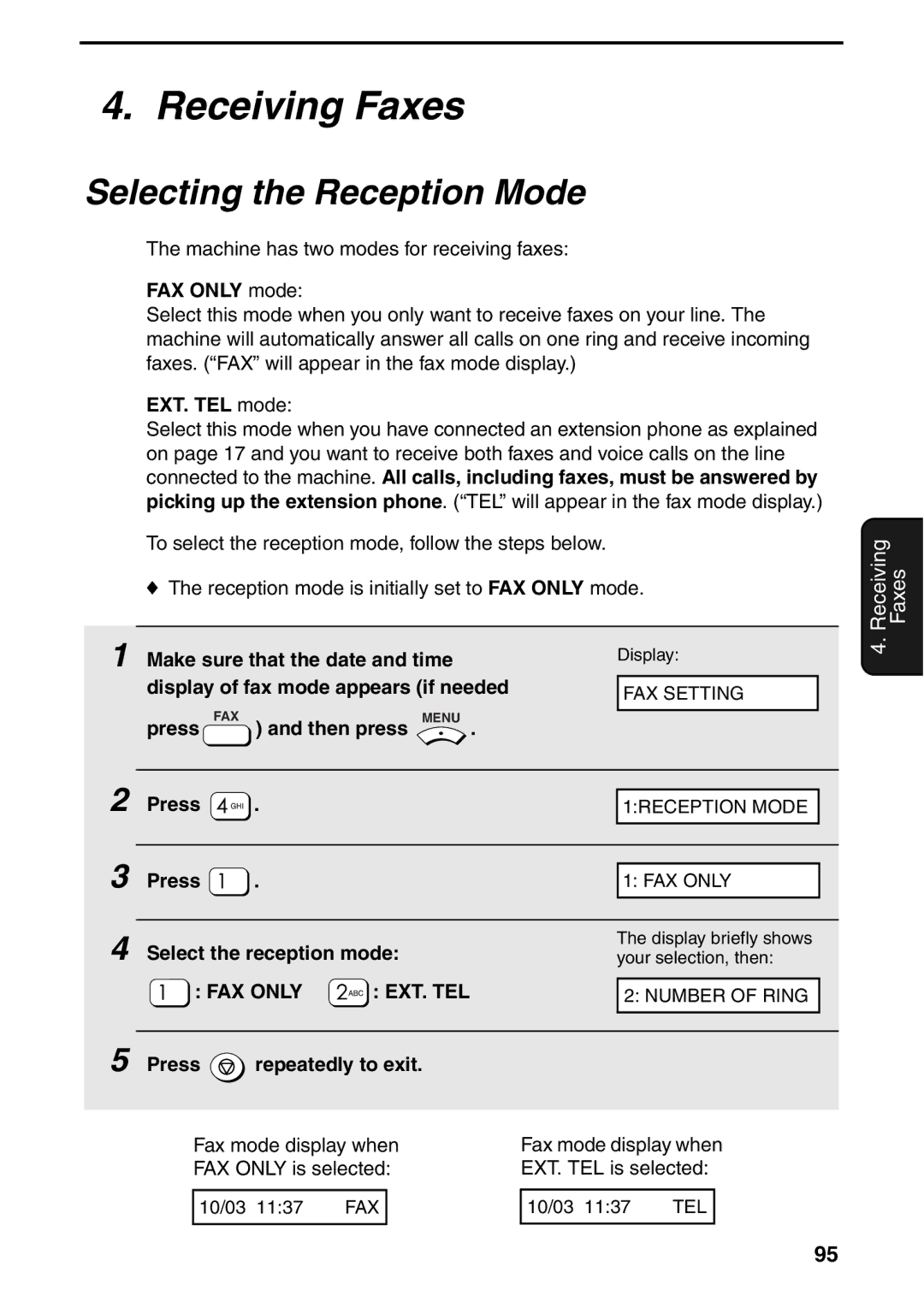 Sharp AM-400 manual Receiving Faxes, Selecting the Reception Mode, FAX only mode, EXT. TEL mode, Select the reception mode 