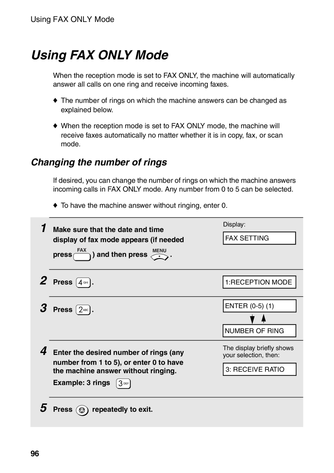 Sharp AM-400 manual Using FAX only Mode, Changing the number of rings 