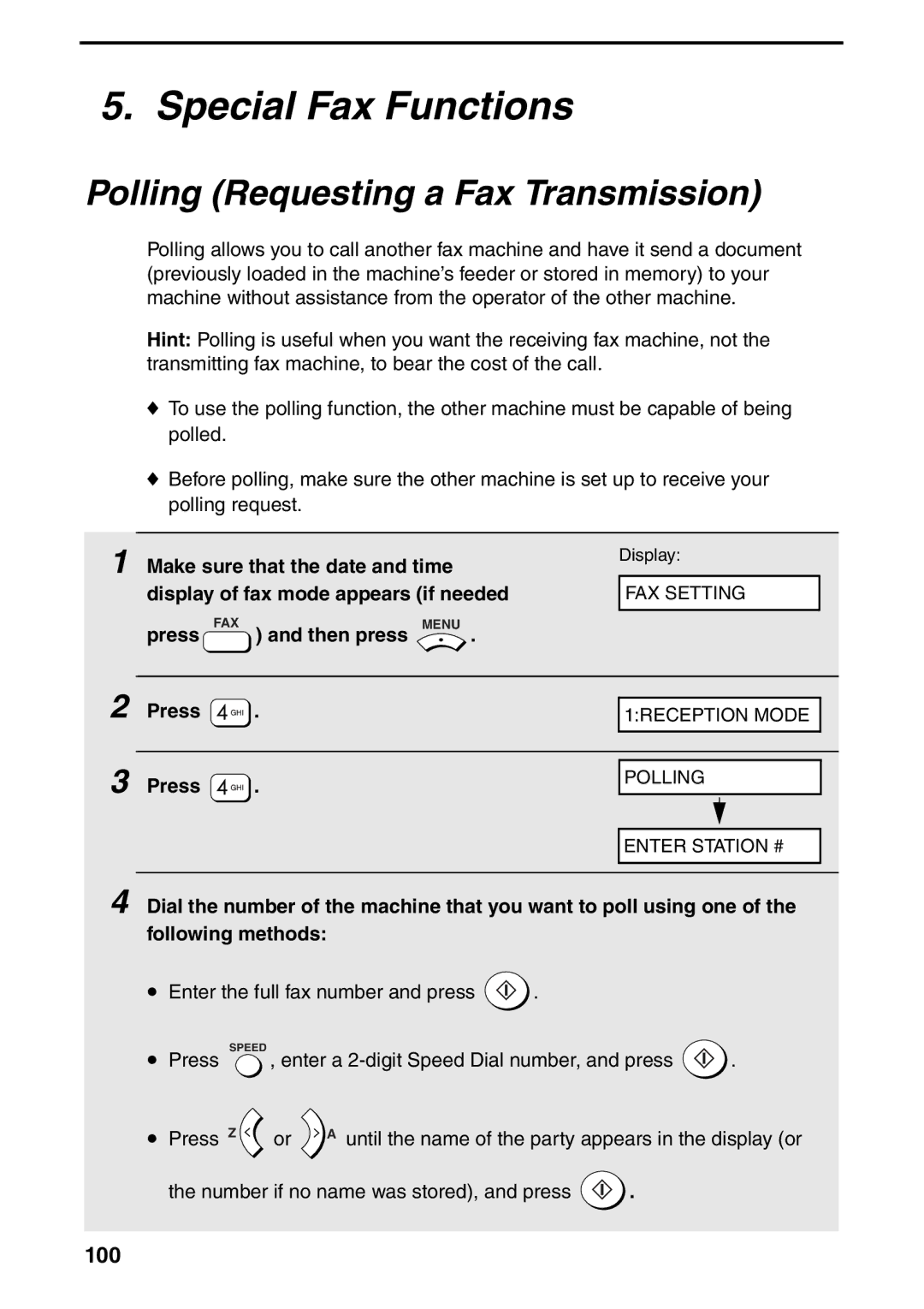 Sharp AM-400 manual Special Fax Functions, Polling Requesting a Fax Transmission, 100 