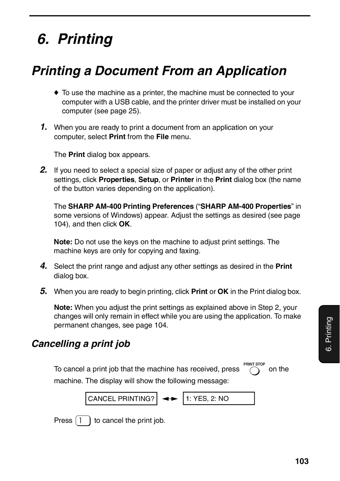 Sharp AM-400 manual Printing a Document From an Application, Cancelling a print job, 103 