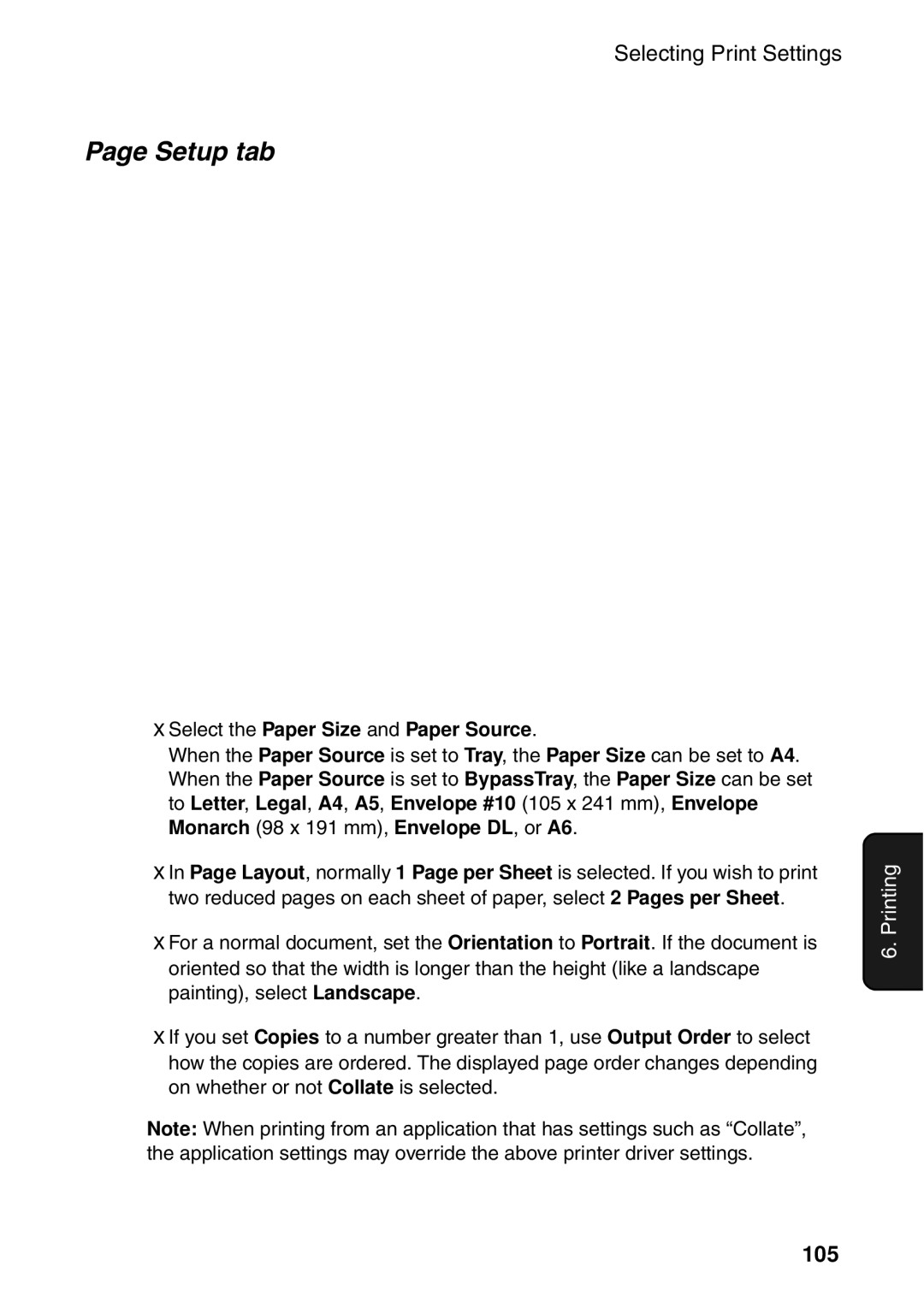 Sharp AM-400 manual Setup tab, 105, Select the Paper Size and Paper Source 