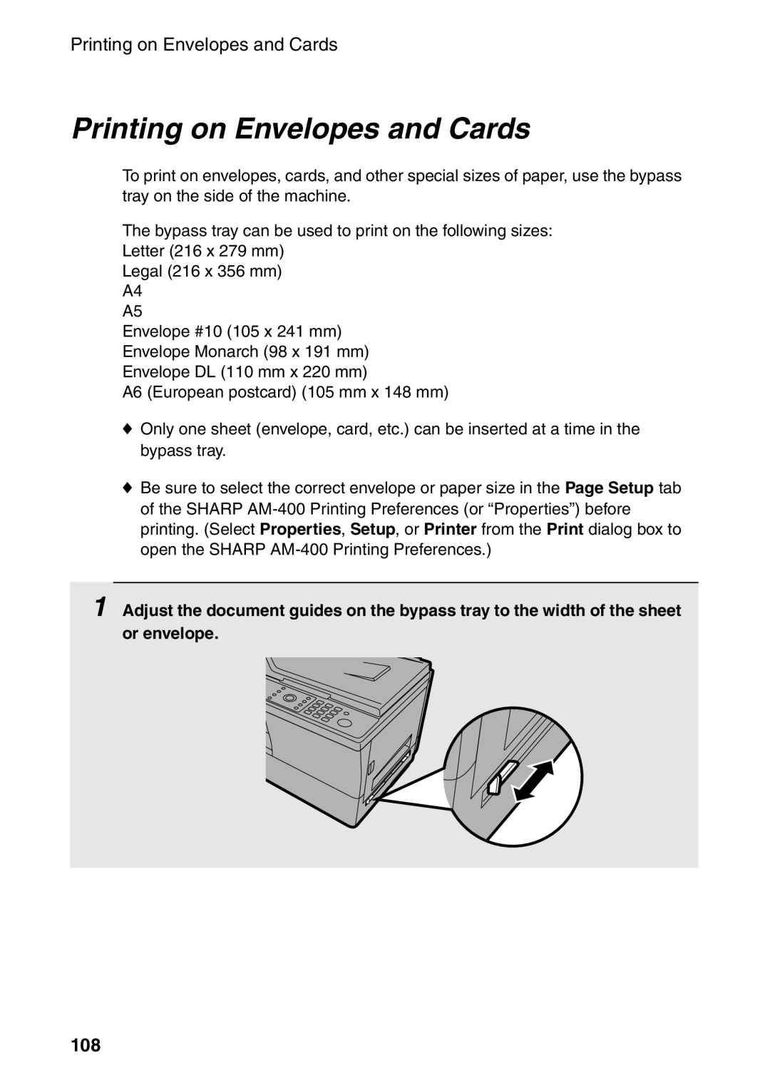 Sharp AM-400 manual Printing on Envelopes and Cards, 108 