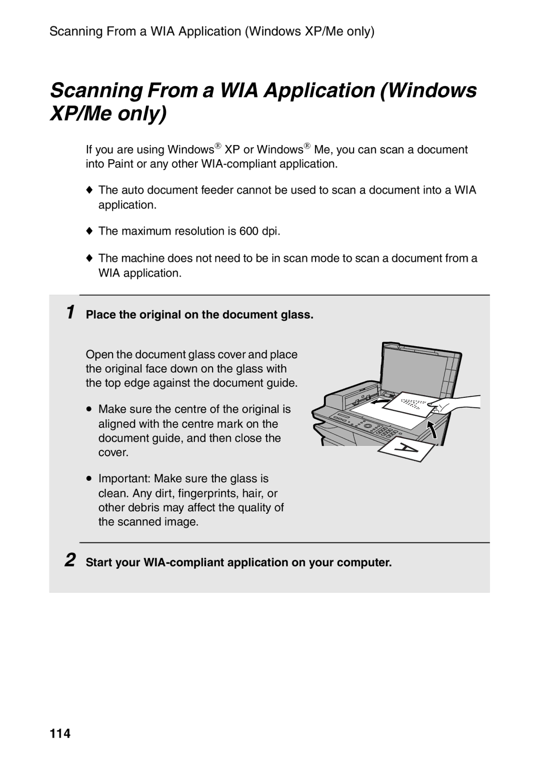 Sharp AM-400 manual Scanning From a WIA Application Windows XP/Me only, 114, Place the original on the document glass 