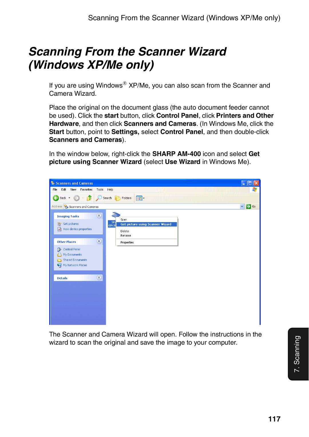 Sharp AM-400 manual Scanning From the Scanner Wizard Windows XP/Me only, 117, Scanners and Cameras 