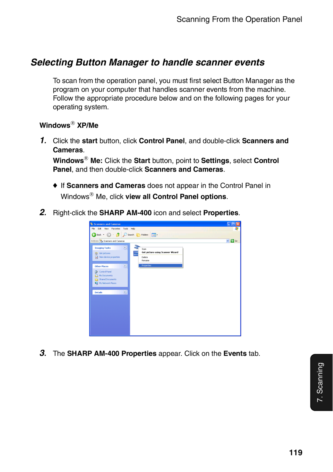 Sharp AM-400 manual Selecting Button Manager to handle scanner events, 119, Windows→ XP/Me, Cameras 