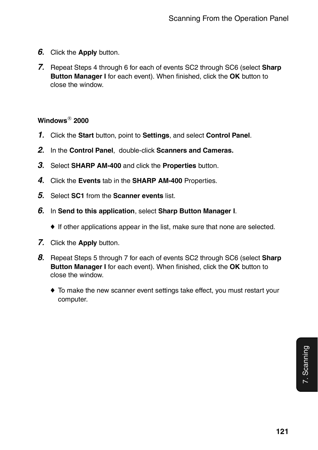 Sharp AM-400 121, Control Panel, double-clickScanners and Cameras, Send to this application, select Sharp Button Manager 