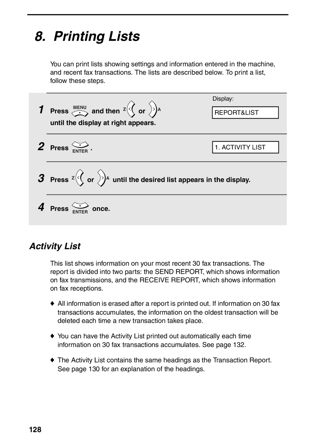 Sharp AM-400 manual Printing Lists, Activity List, 128, Press Menu and then Z 