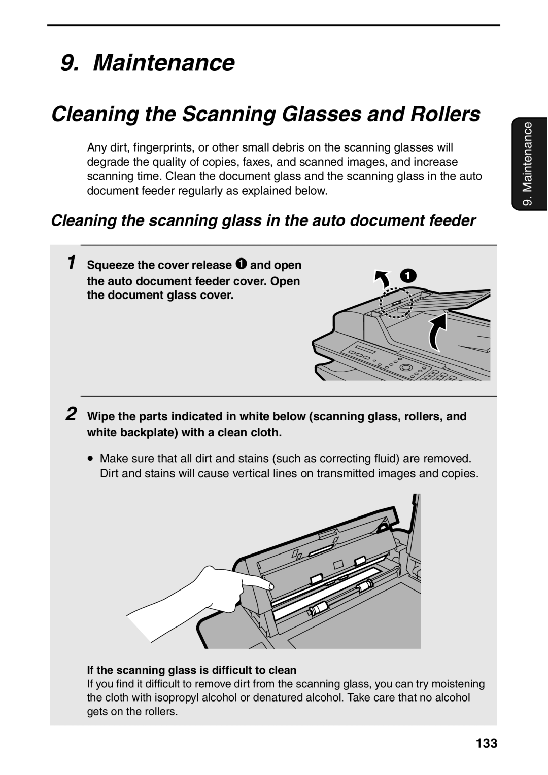 Sharp AM-400 manual Maintenance, Cleaning the Scanning Glasses and Rollers, 133, Squeeze the cover release ➊ and open 