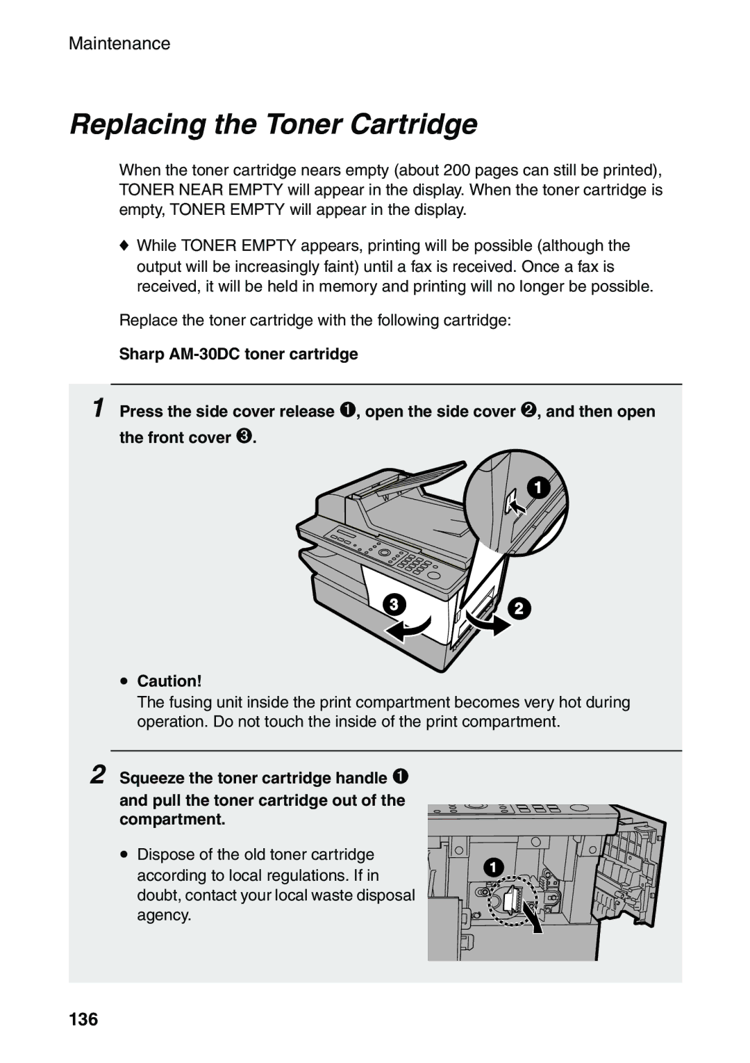 Sharp AM-400 manual Replacing the Toner Cartridge, 136 