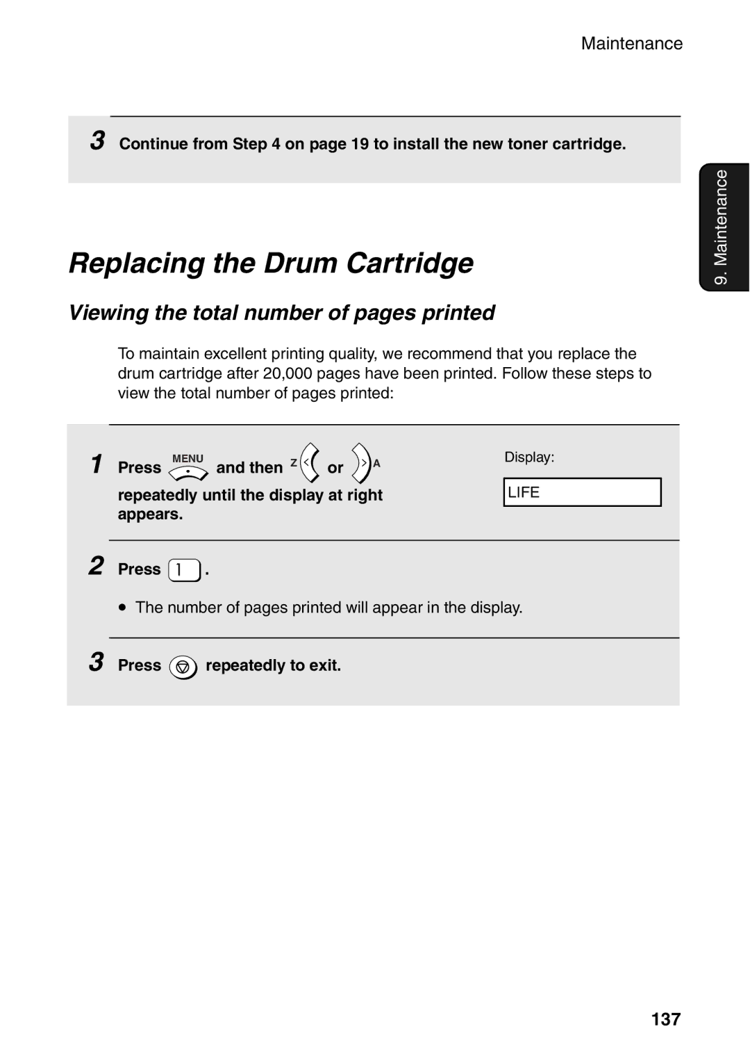 Sharp AM-400 manual Replacing the Drum Cartridge, Viewing the total number of pages printed, 137 