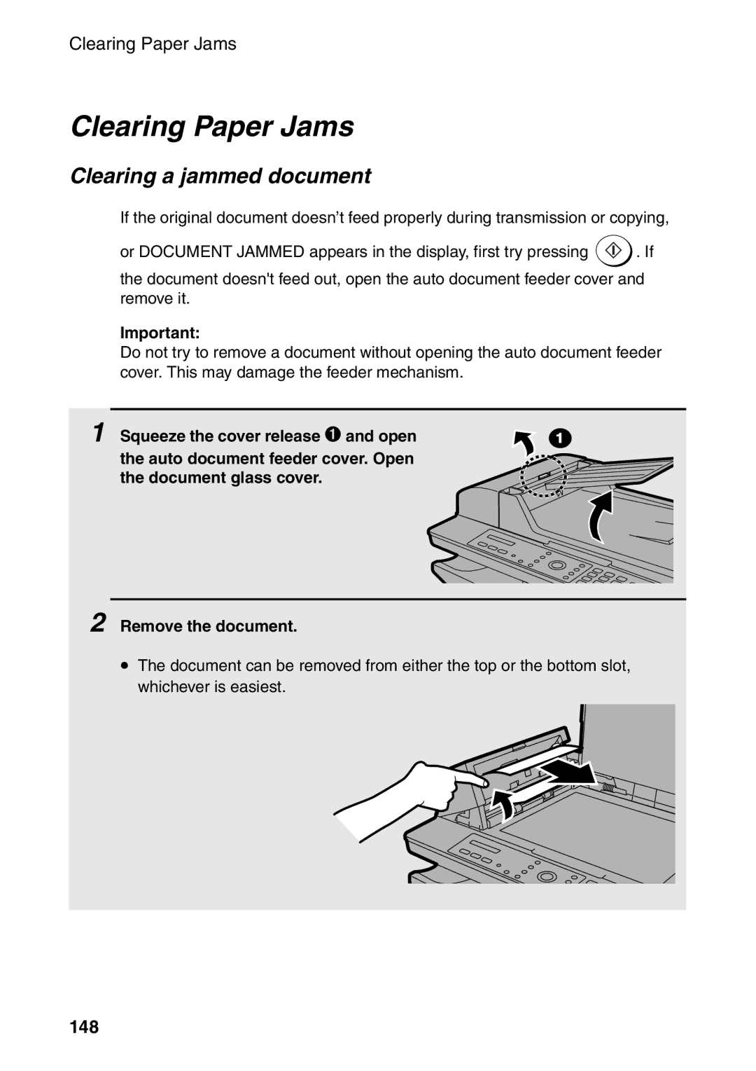 Sharp AM-400 manual Clearing Paper Jams, Clearing a jammed document, 148 