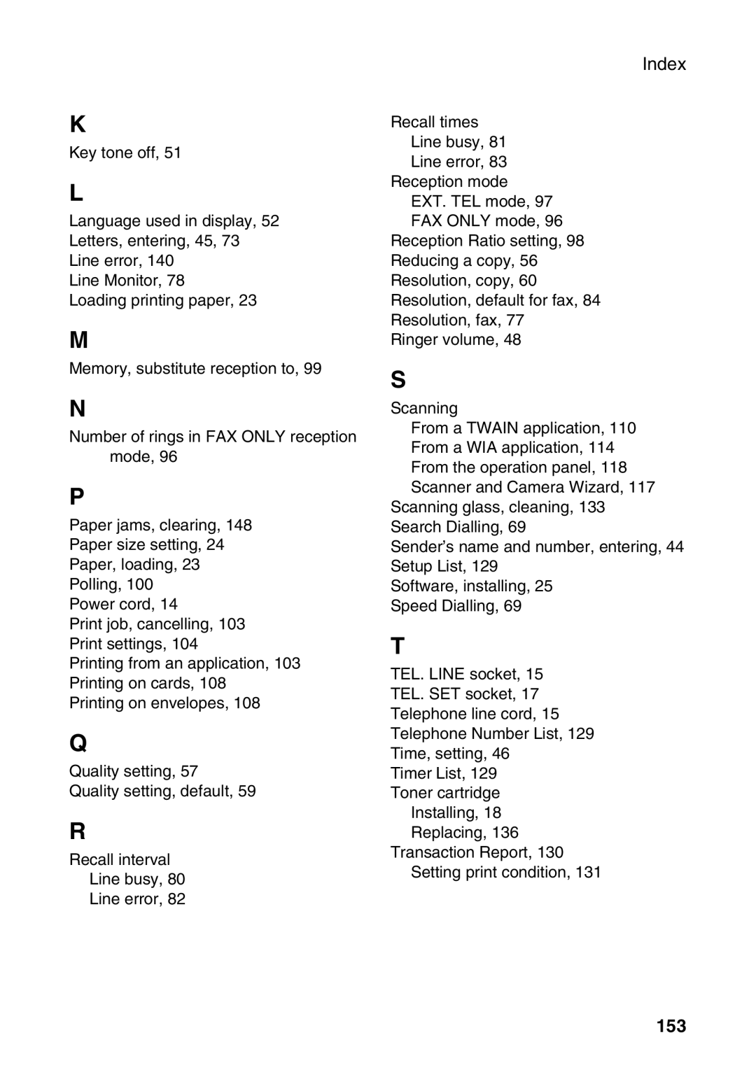 Sharp AM-400 manual Index, 153 