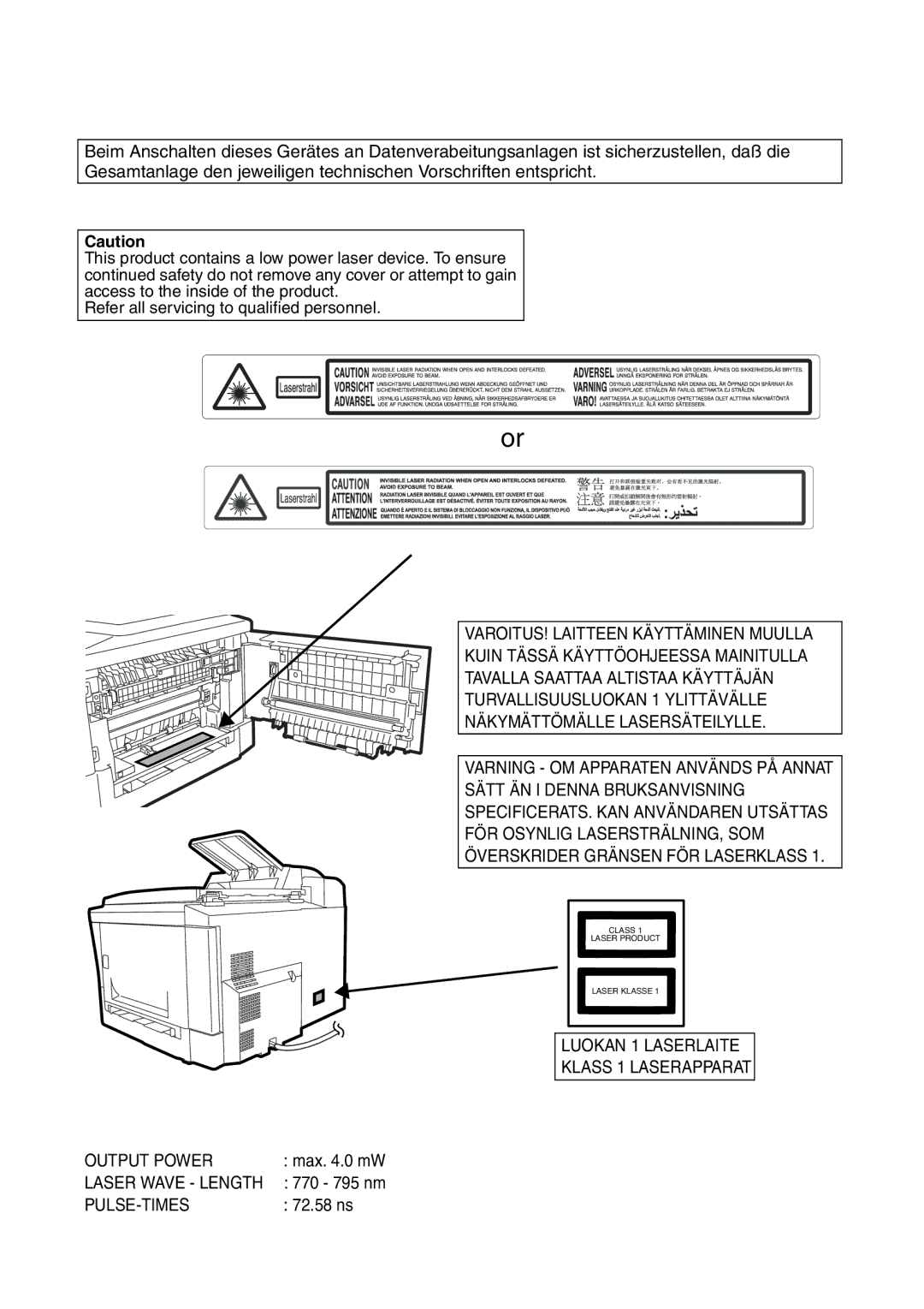 Sharp AM-400 manual Luokan 1 Laserlaite Klass 1 Laserapparat Output Power 