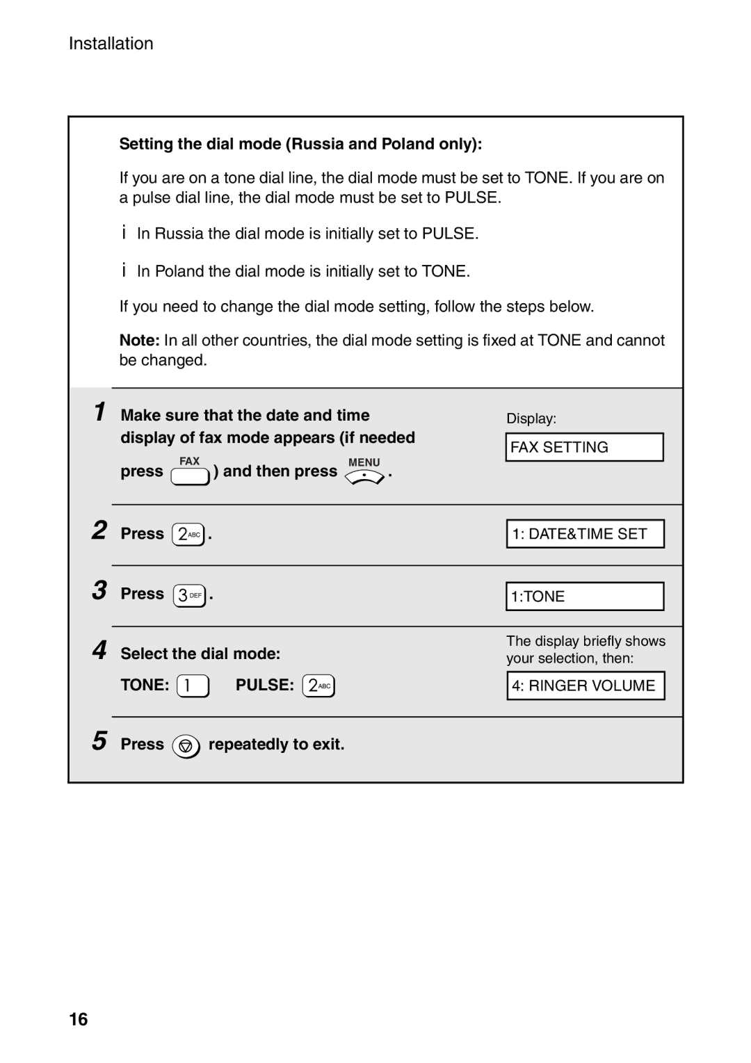 Sharp AM-400 manual Setting the dial mode Russia and Poland only, Select the dial mode, Press repeatedly to exit 