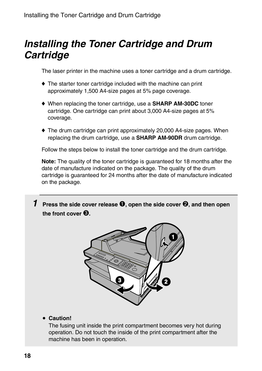 Sharp AM-400 manual Installing the Toner Cartridge and Drum Cartridge 