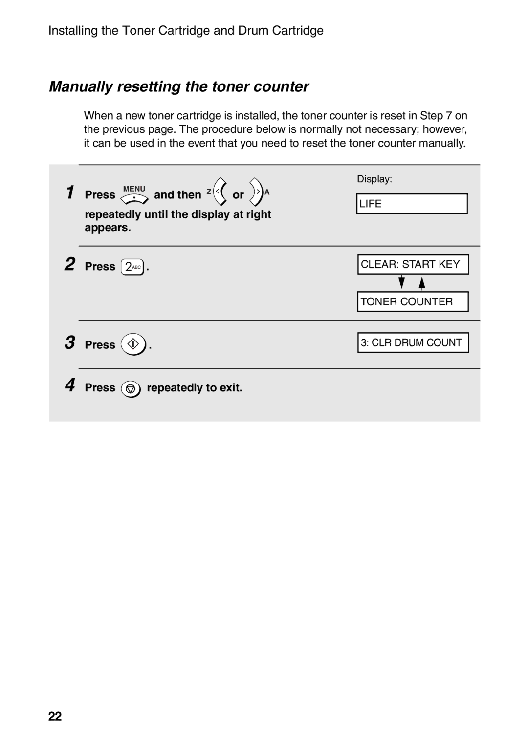 Sharp AM-400 manual Manually resetting the toner counter 