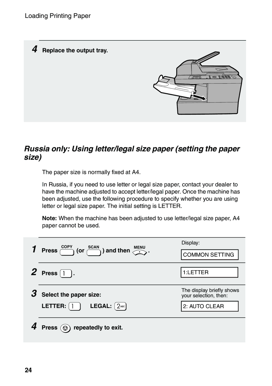 Sharp AM-400 manual Replace the output tray, Press Copy Or Scan and then, Select the paper size 