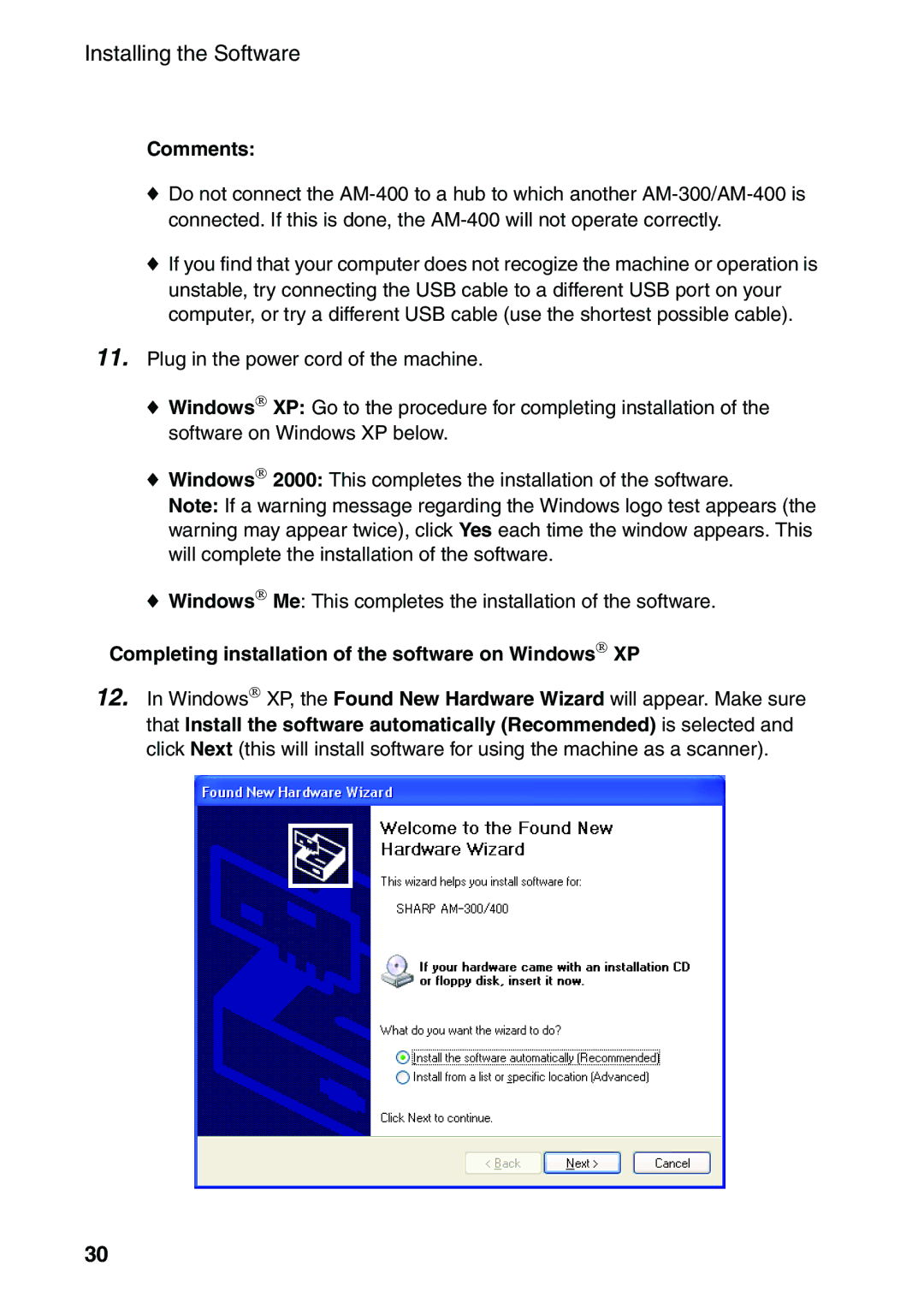 Sharp AM-400 manual Comments, Completing installation of the software on Windows→ XP 