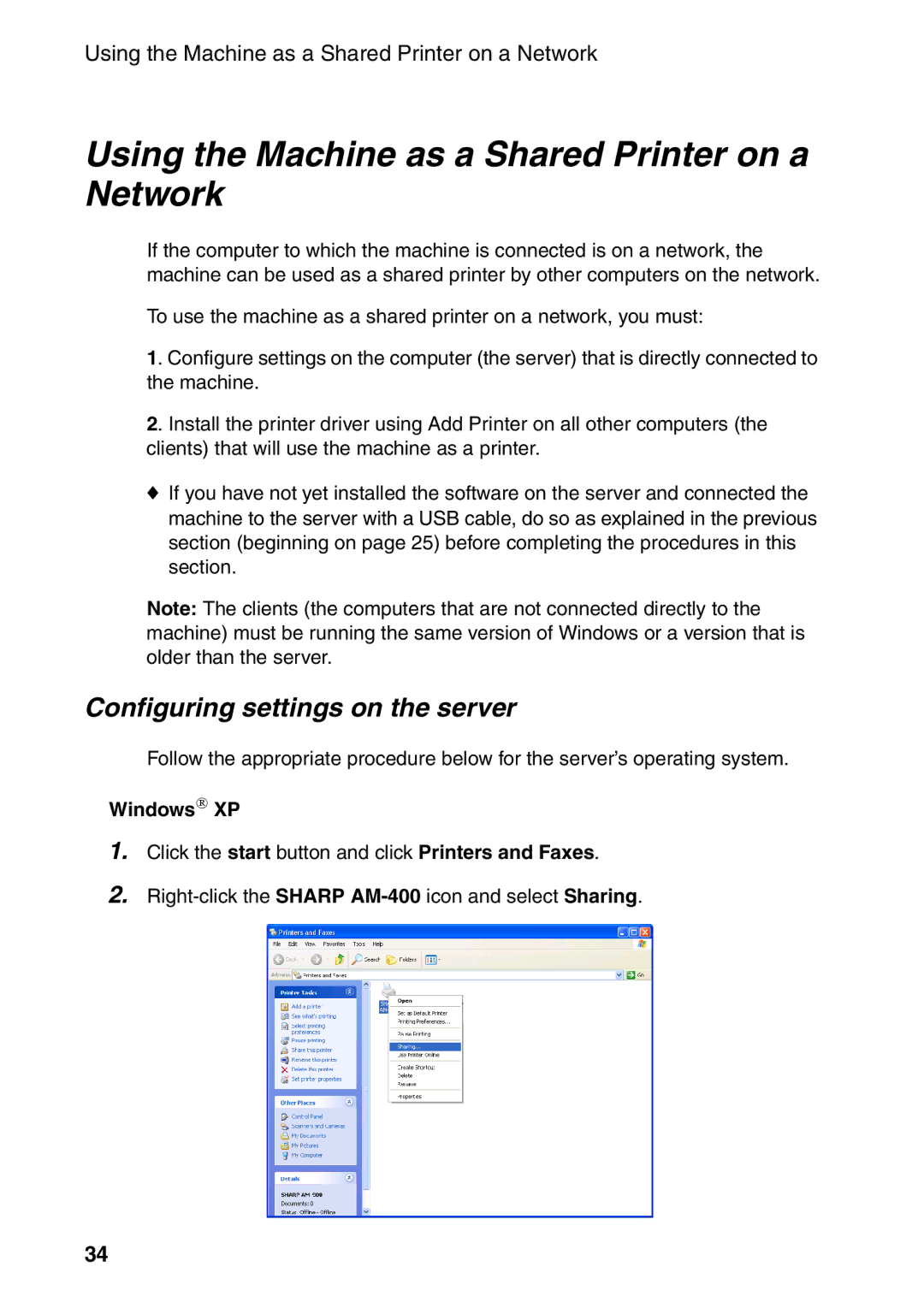 Sharp AM-400 manual Using the Machine as a Shared Printer on a Network, Configuring settings on the server, Windows→ XP 