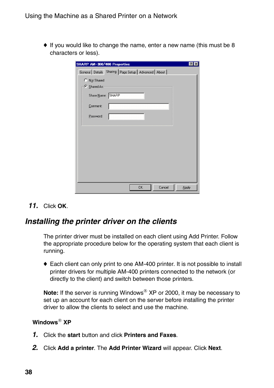 Sharp AM-400 manual Installing the printer driver on the clients, Windows→ XP 