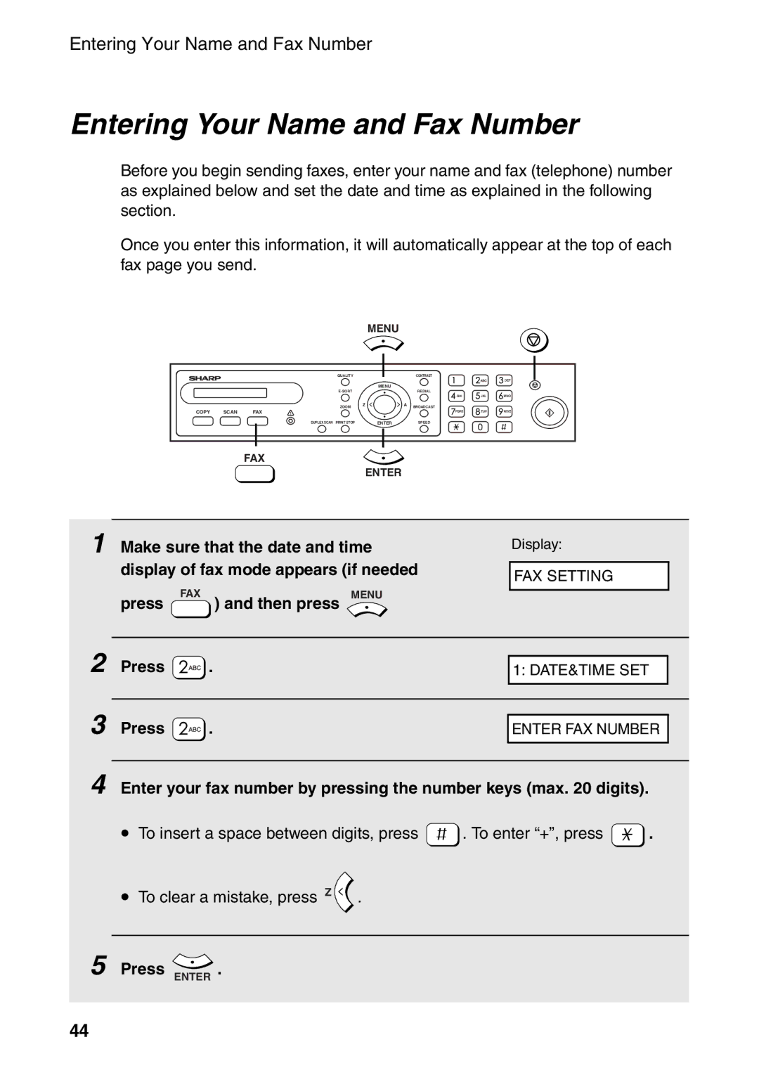 Sharp AM-400 manual Entering Your Name and Fax Number, Press Enter 