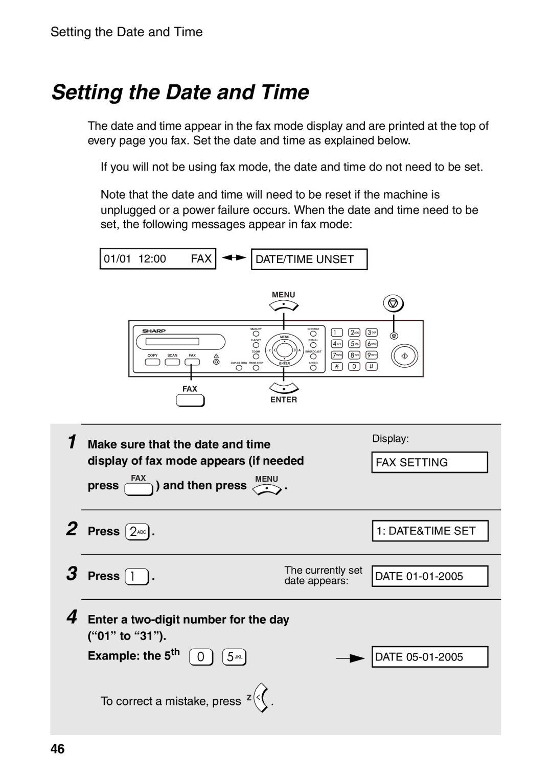 Sharp AM-400 manual Setting the Date and Time, Enter a two-digit number for the day 01 to Example the 5th 