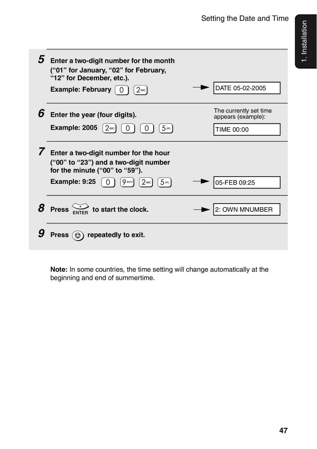 Sharp AM-400 manual Enter the year four digits, Example, Press Enter to start the clock 