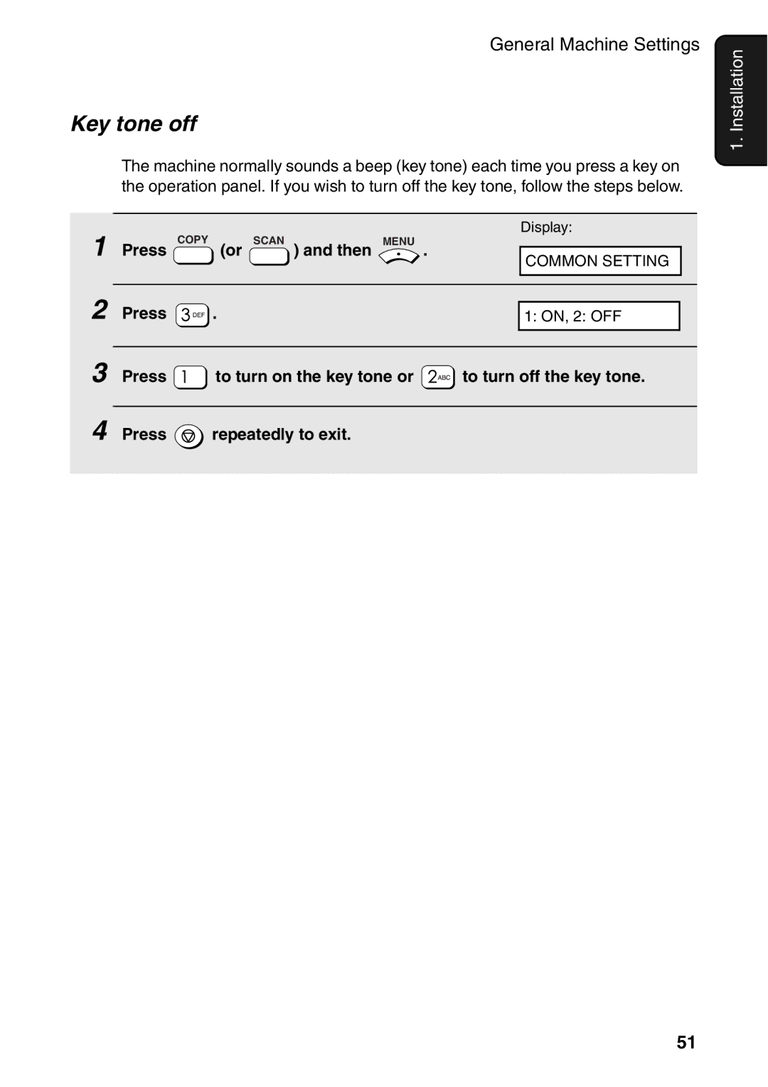 Sharp AM-400 manual Key tone off, Copy or Scan and then Menu 