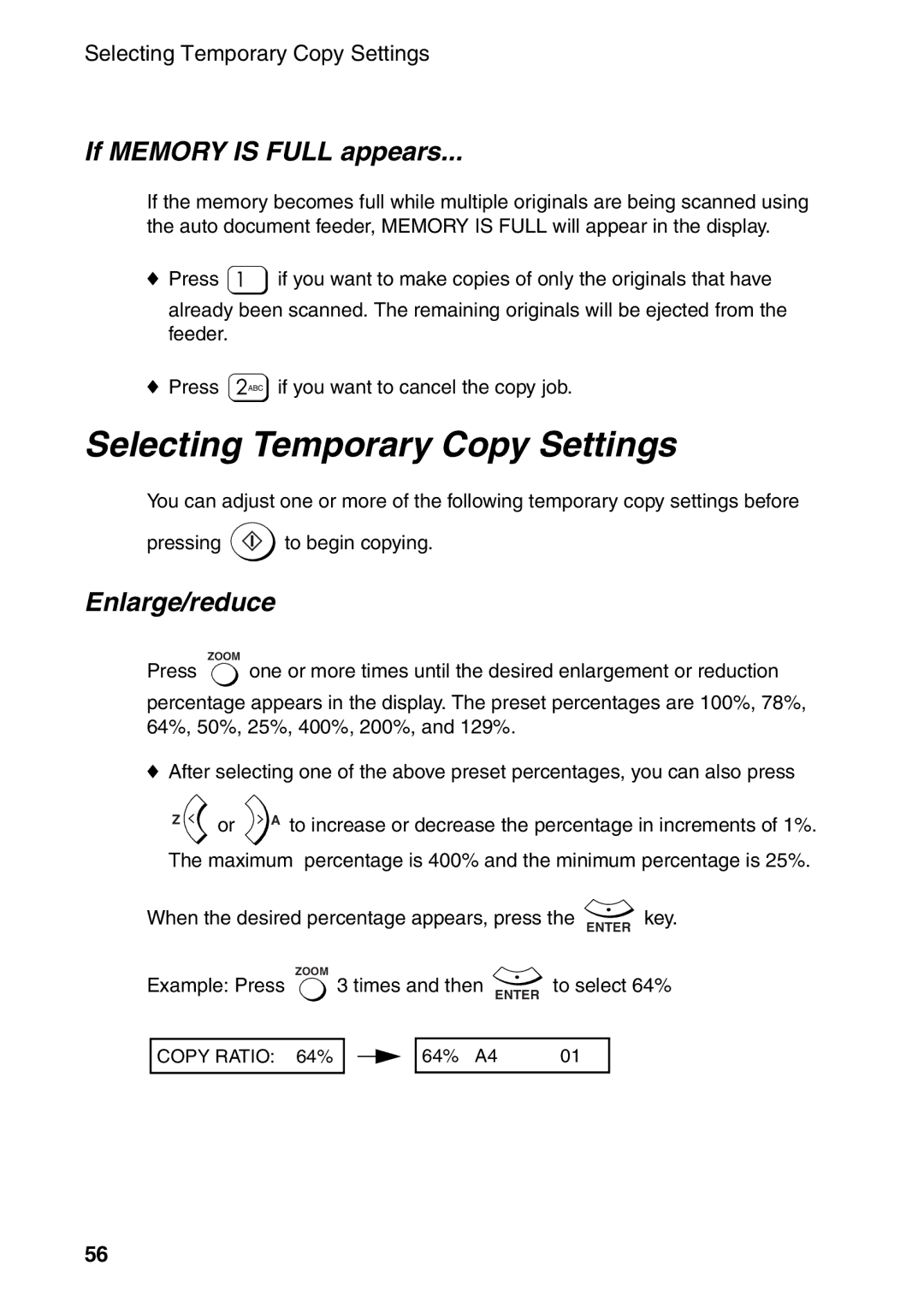 Sharp AM-400 manual Selecting Temporary Copy Settings, If Memory is Full appears, Enlarge/reduce 