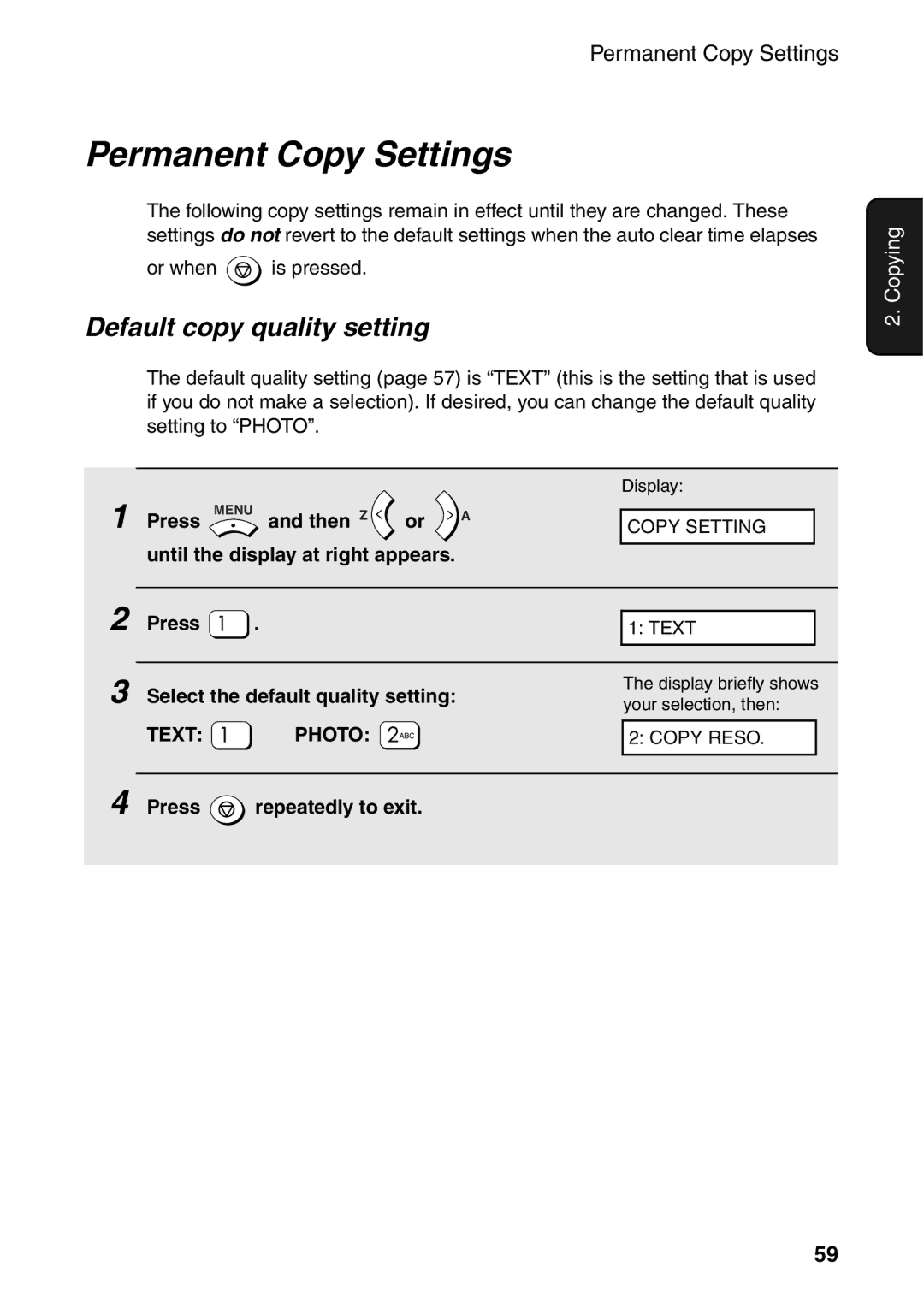 Sharp AM-400 Permanent Copy Settings, Default copy quality setting, Press Menu Then Z, Select the default quality setting 