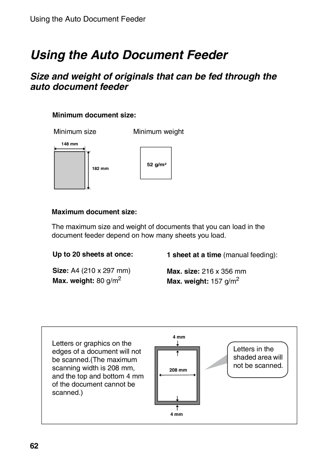 Sharp AM-400 manual Using the Auto Document Feeder, Minimum document size Minimum size, Maximum document size 