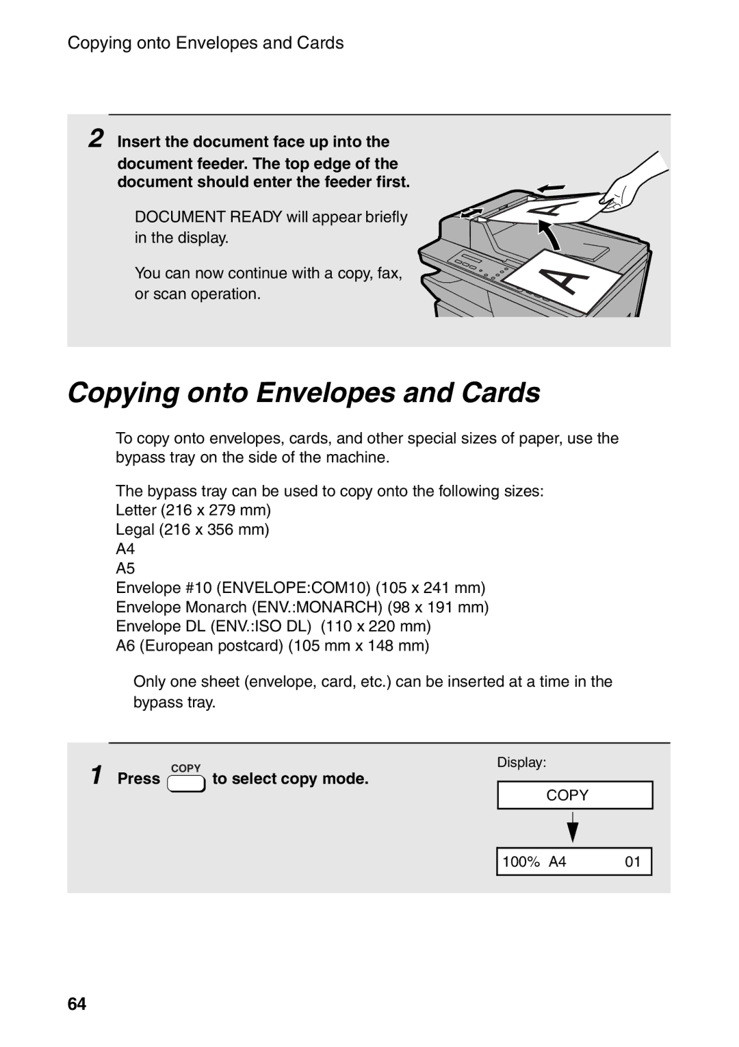 Sharp AM-400 manual Copying onto Envelopes and Cards 