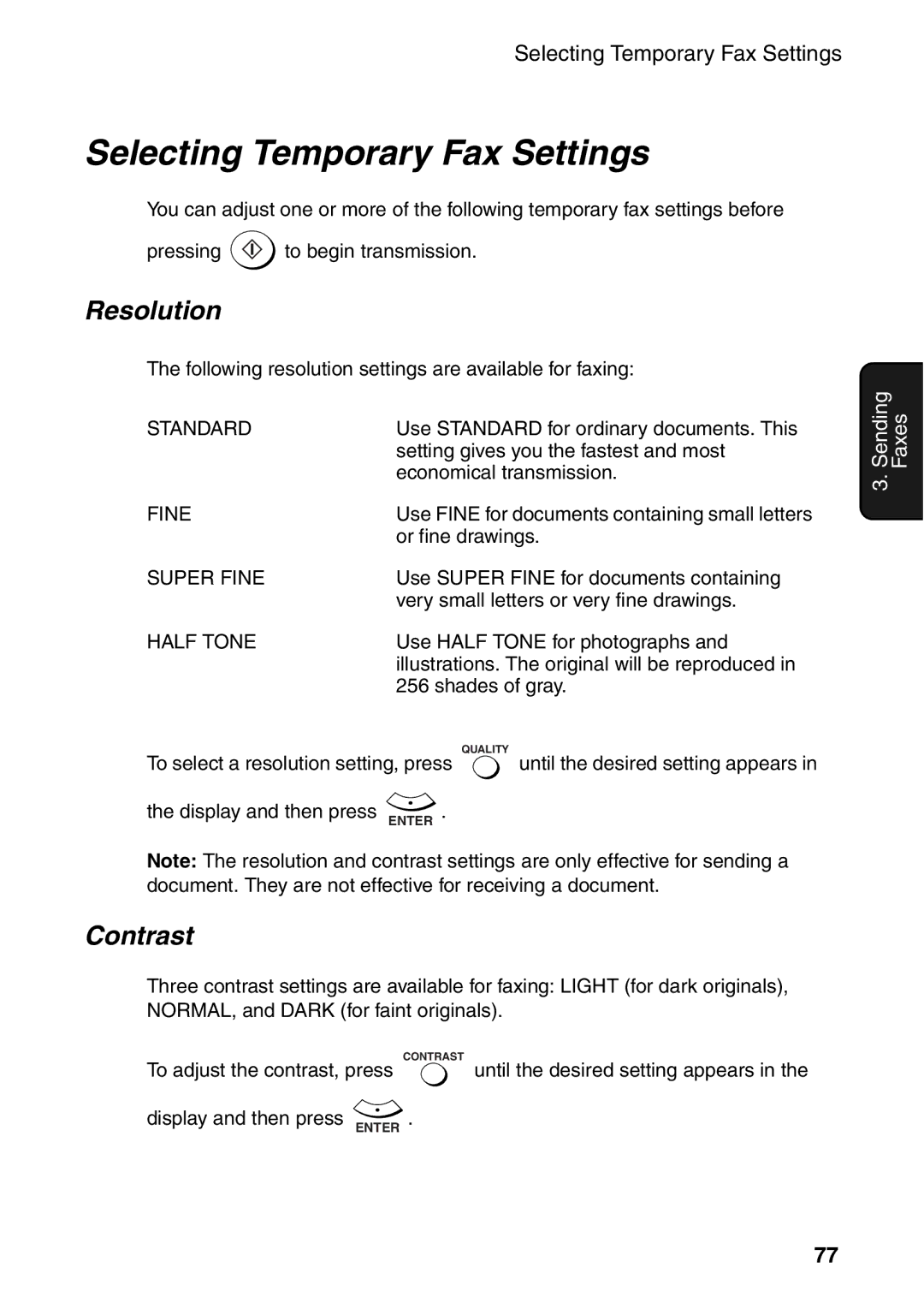 Sharp AM-400 manual Selecting Temporary Fax Settings, Resolution 