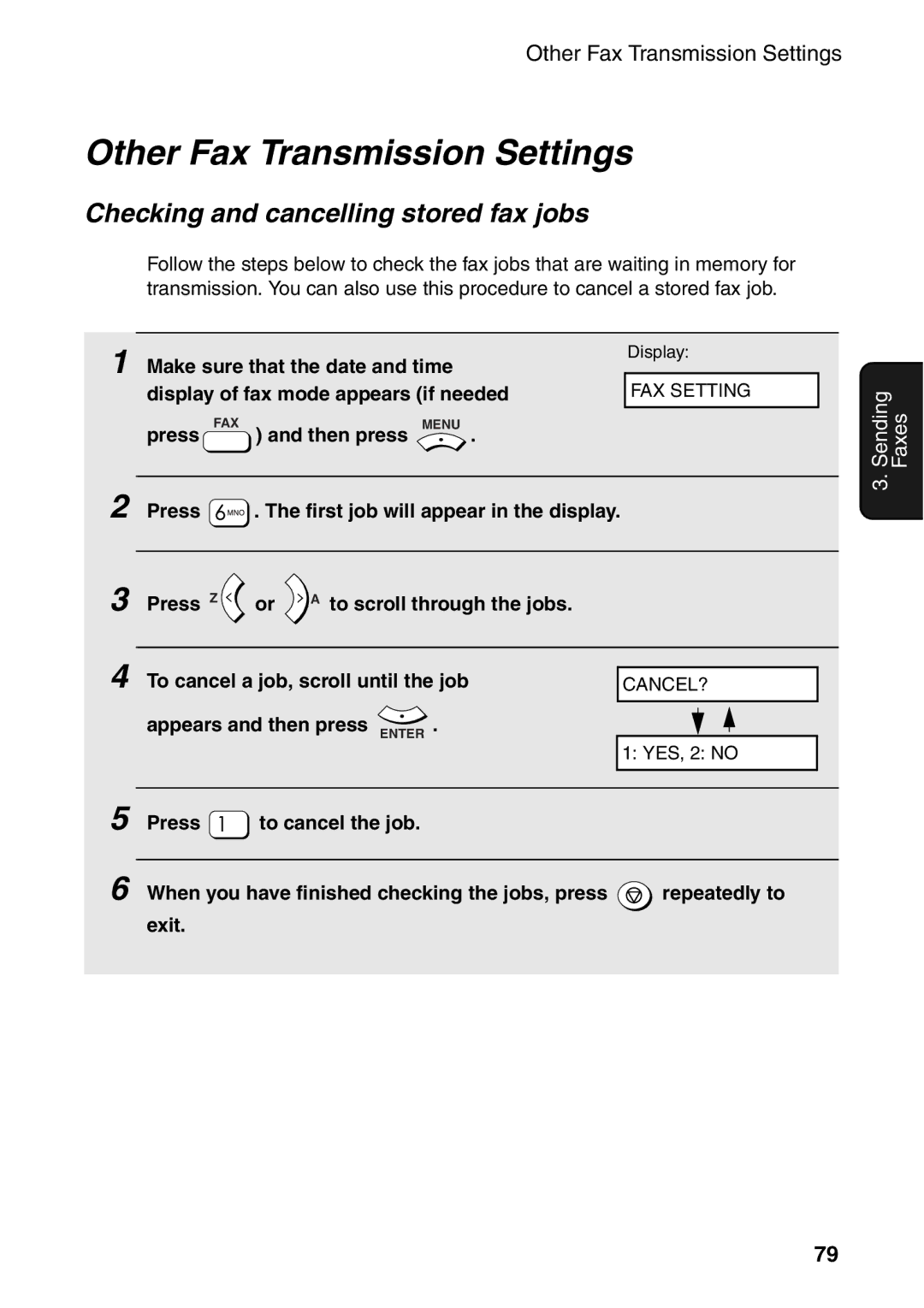 Sharp AM-400 manual Other Fax Transmission Settings, Checking and cancelling stored fax jobs, Appears and then press Enter 