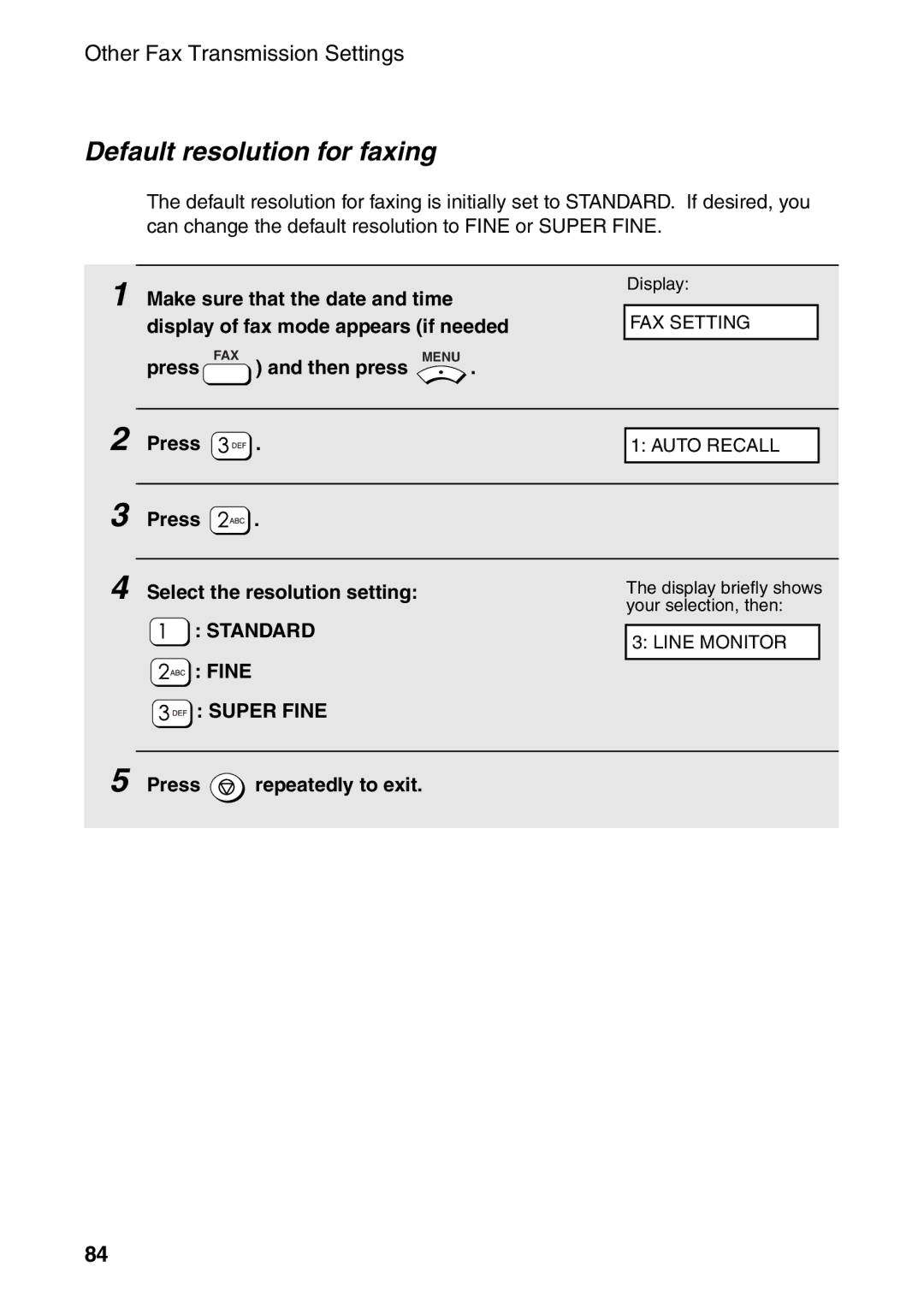 Sharp AM-400 manual Default resolution for faxing, Press Select the resolution setting, Fine 