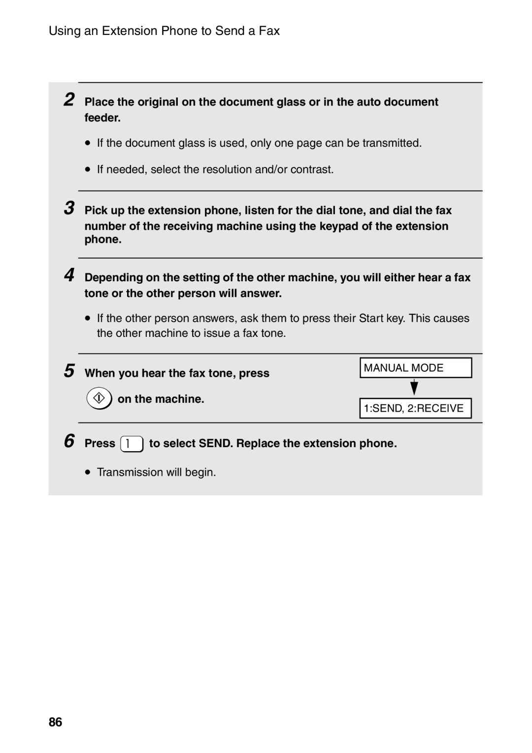 Sharp AM-400 manual When you hear the fax tone, press On the machine, Press to select SEND. Replace the extension phone 