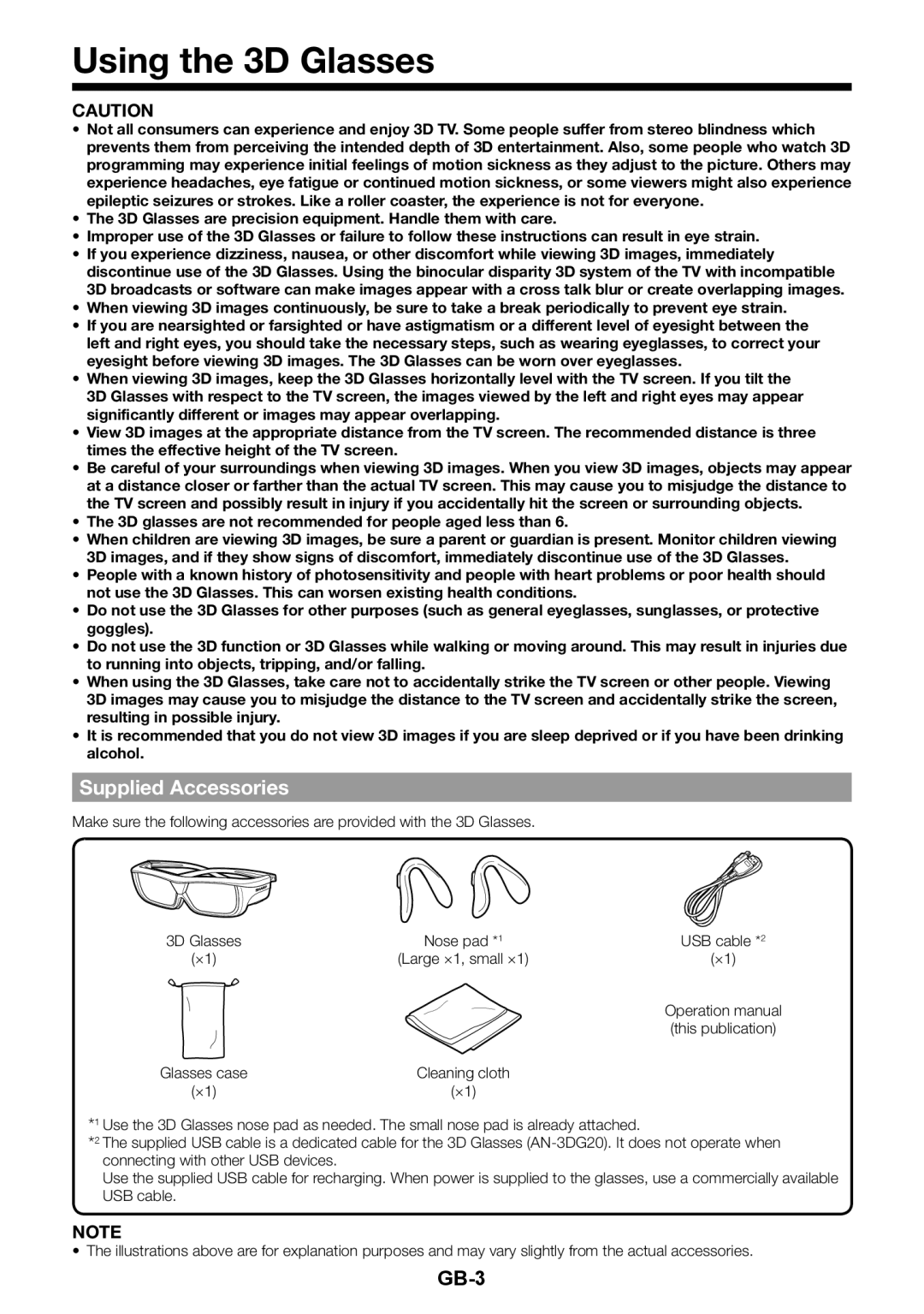 Sharp AN-3DG20 operation manual Using the 3D Glasses, Supplied Accessories 