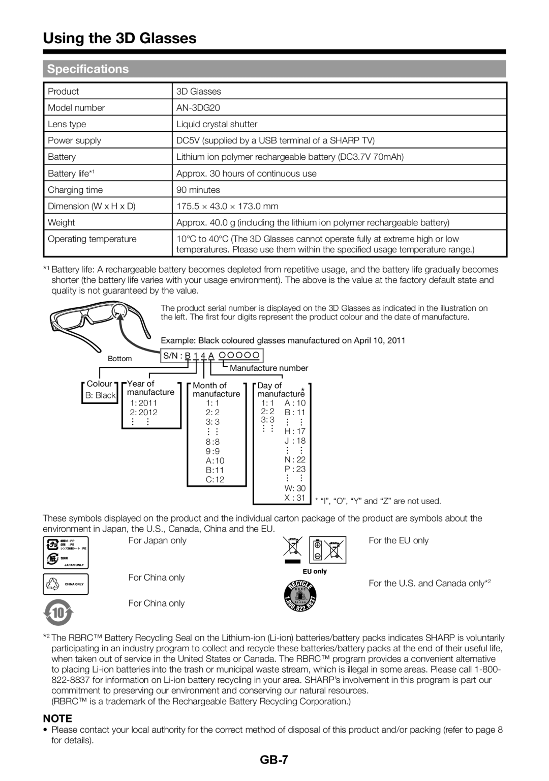 Sharp AN-3DG20 operation manual Specifications 