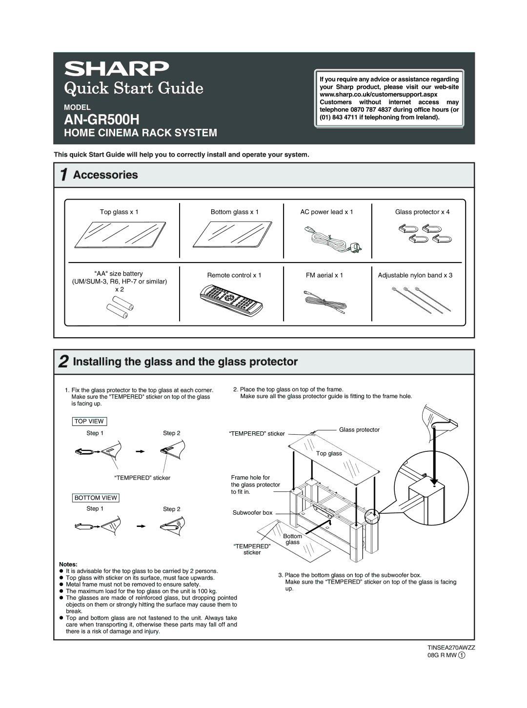 Sharp AN-GR500H quick start Accessories, Installing the glass and the glass protector 